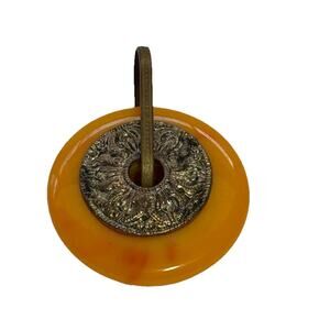 Vintage Butterscotch Bakelite Disk Ornate Metal Center Pendant MCM Caramel